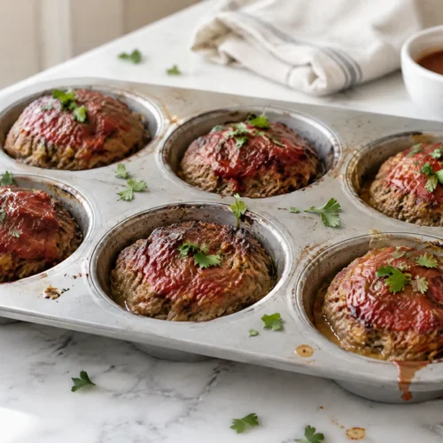 Six baked keto meatloaf minis with a tomato glaze in a muffin tin, topped with torn parsley