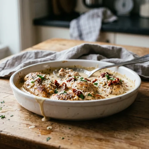 Creamy marry me chicken with sun-dried tomatoes in a white serving dish