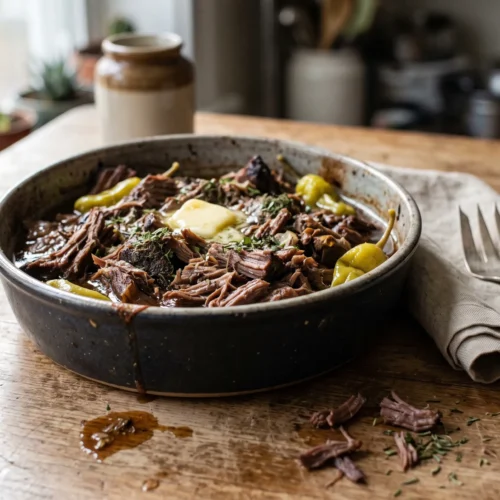 Shredded Mississippi pot roast with pepperoncini peppers and ghee in a ceramic dish